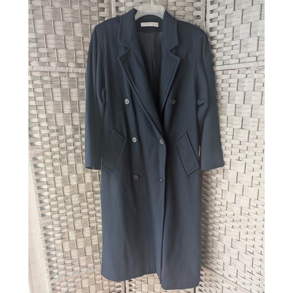 Vtg Portfolio Perry Ellis Overcoat Navy Blue Merino Wool Long Coat 10 Classic
